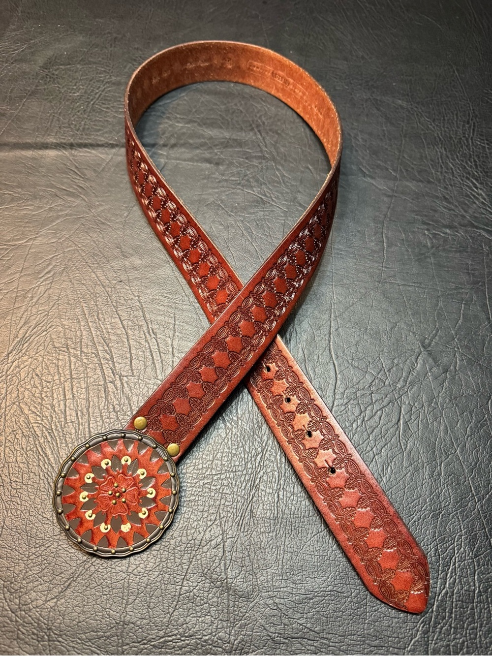 Fossil Genuine Leather Tooled Concho Belt Brown Western Boho Floral Medallion - Picture 4 of 8